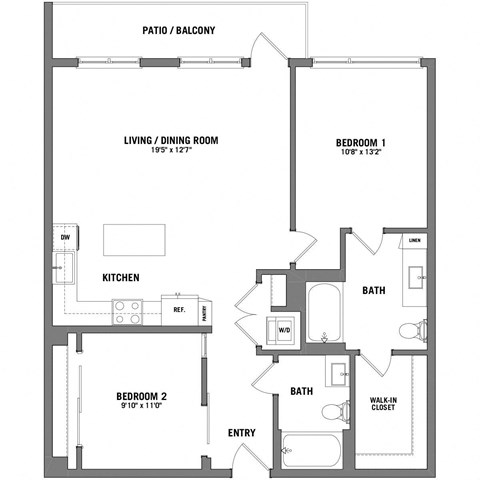 Floor plan for 2 beds, 2 baths, 1084 sqft